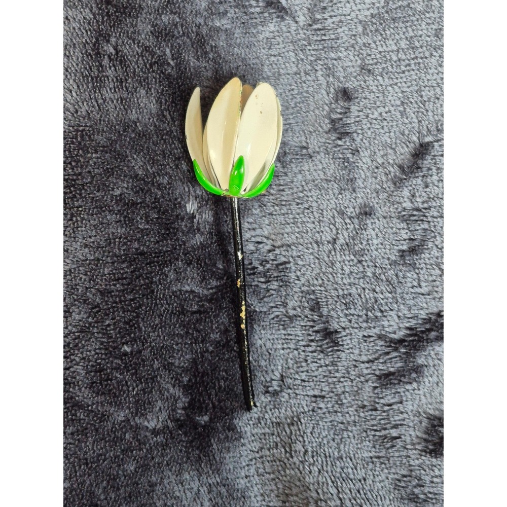 Vintage Enamel Flower Brooch White‎ Tulip Bud Green Leaf Black Stem Pin 1960s